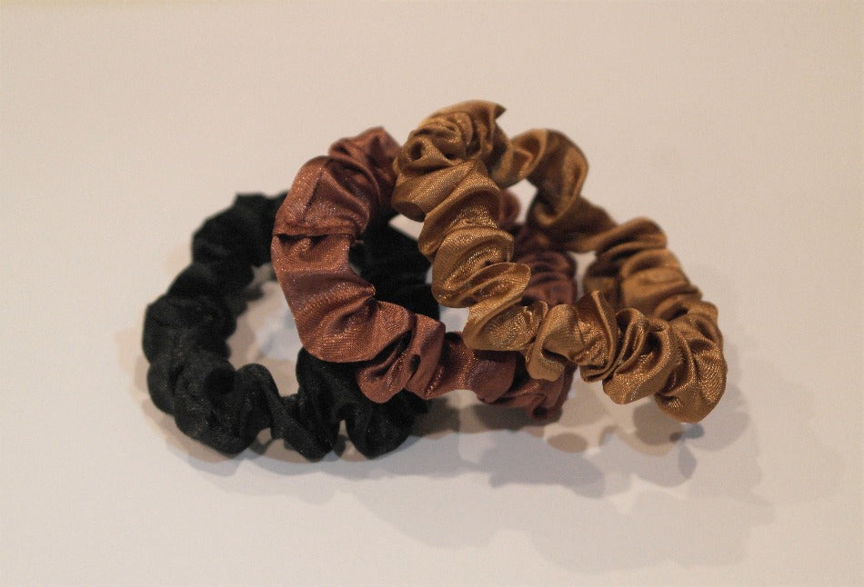 School Friendly Natural Coloured Small Satin Scrunchies and hair accessories New Zealand Afterpay. Multi-pack includes black, espresso, and almond shades