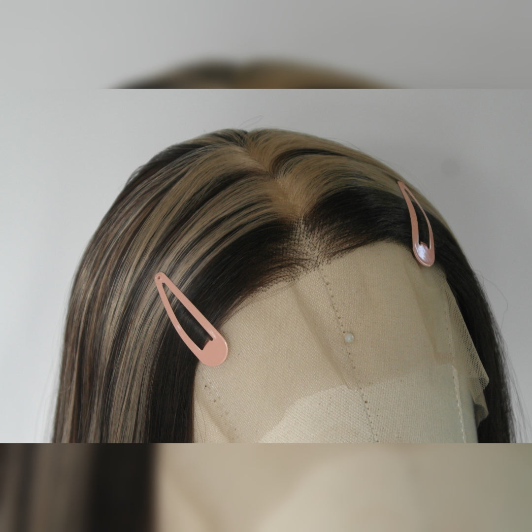 Blonde Highlight Brunette HD Lace Front Wig - lace front detail