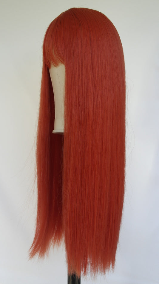 Coral Orange Red Long Wig With Blunt Cut Fringe From Harleyco Wigs NZ | Free NZ Shipping | Buy Now Pay Later Hair With Afterpay and Laybuy