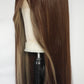 Straight Brunette Face Frame Lace Front Wig features a rich medium-brown base with blonde money piece highlights that frame the face  Harleyco NZ