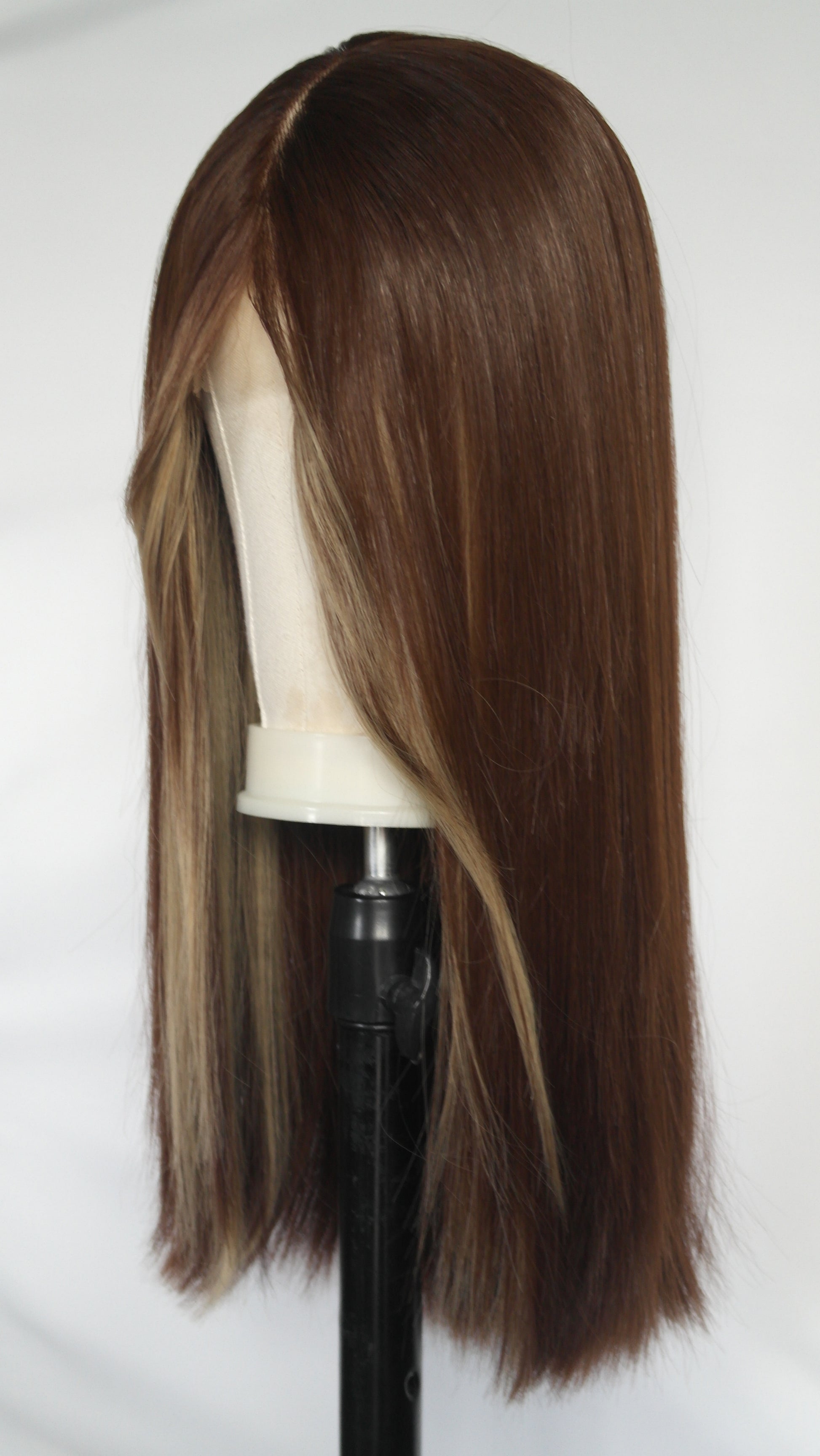 Straight Brunette Face Frame Lace Front Wig features a rich medium-brown base with blonde money piece highlights that frame the face  Harleyco NZ