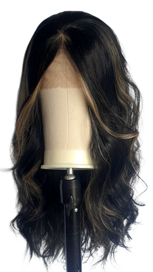 Harleyco Wigs NZ Black Brown Synthetic Lace Front Wig With Caramel Highlights Soft Wave Style