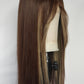 Straight Brunette Face Frame Lace Front Wig features a rich medium-brown base with blonde money piece highlights that frame the face harleyco nz