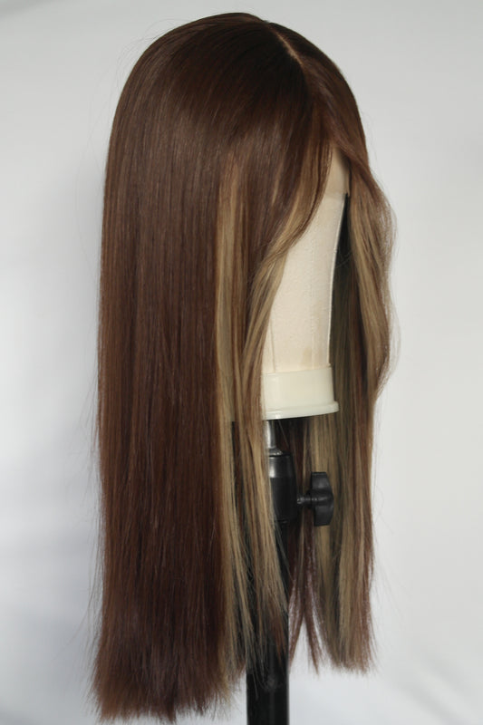 Straight Brunette Face Frame Lace Front Wig features a rich medium-brown base with blonde money piece highlights that frame the face harleyco nz