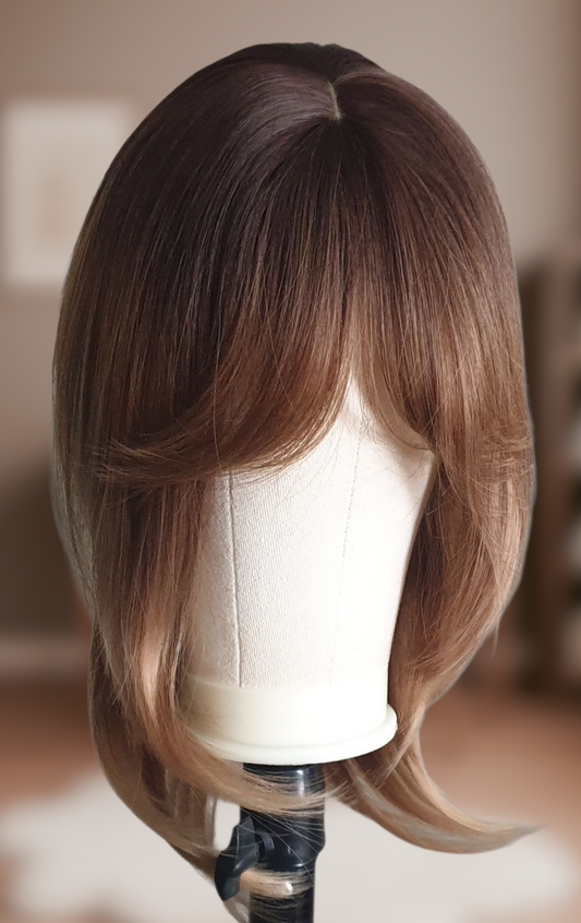 Short Brunette Shag Wig With Curtian Bangs From www.harleyco.nz online wig shop based in Auckland New Zealand 