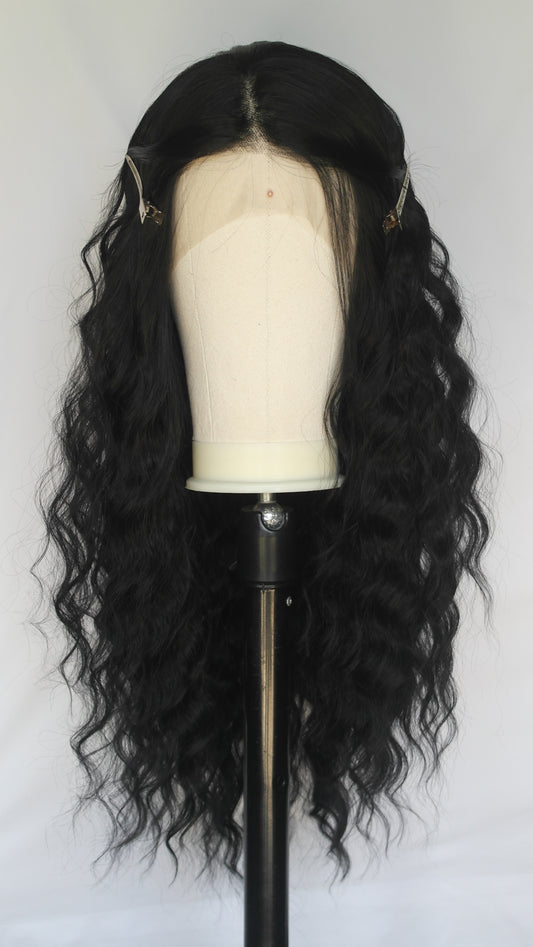 Long Black Water Wave Lace Front Wig