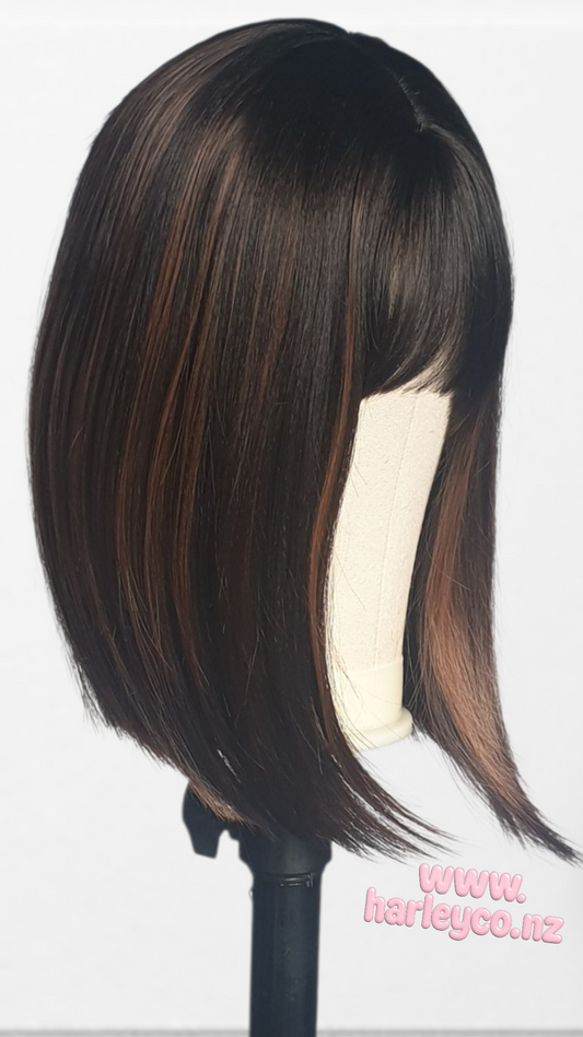 Cowboy Copper Balayage French Bob Wig — a sleek espresso brunette base kissed with warm cowboy copper ribbons for the trend’s signature glow. This French bob