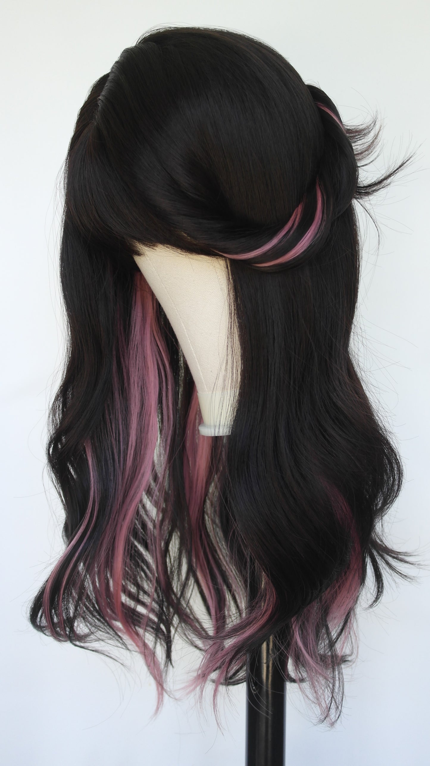 Dark Brown Pink Streaked Wig